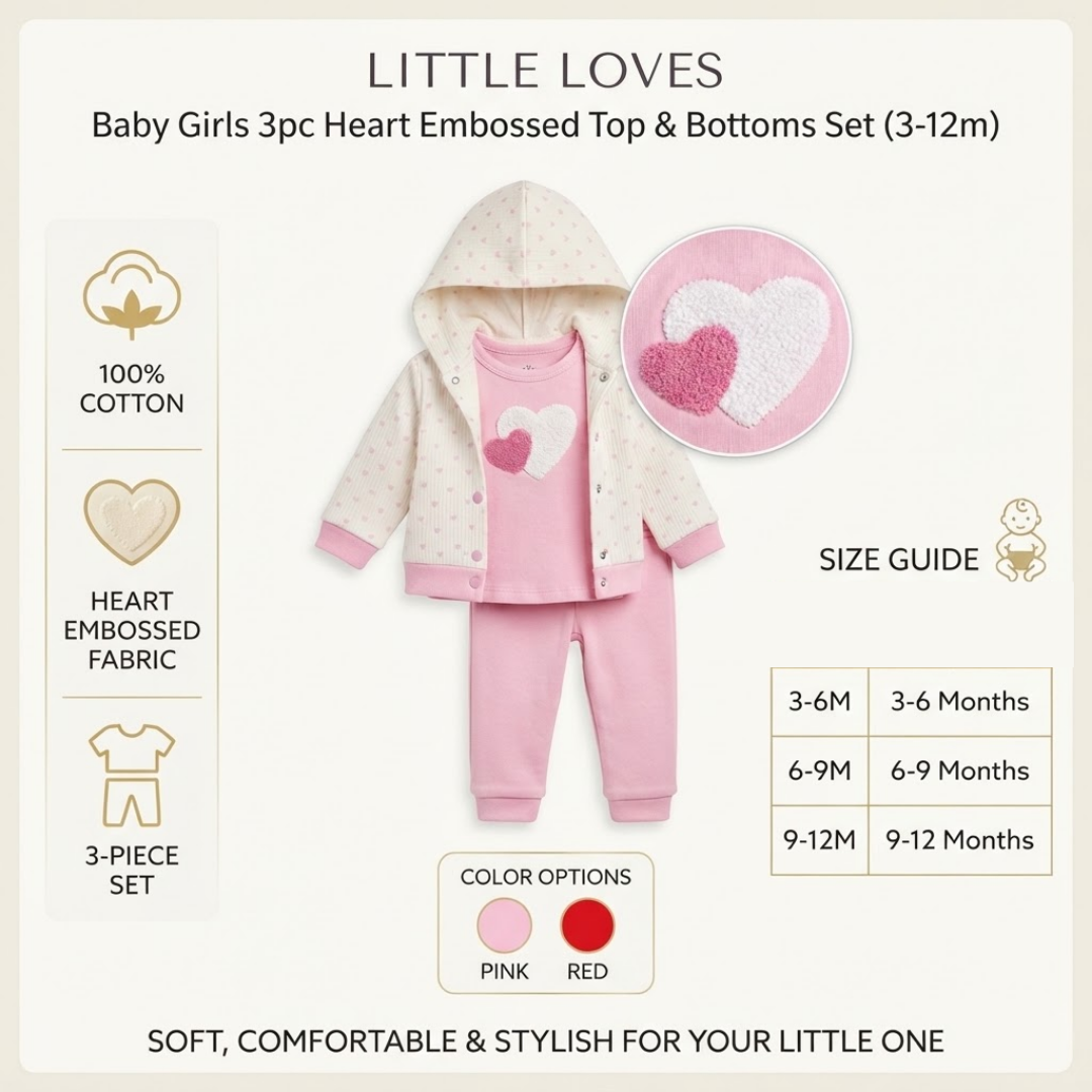 A baby girl's 3-piece heart-embossed outfit set by LITTLE LOVES, featuring a pink long-sleeve top, a cream hooded jacket with pink trim, and matching pink pants. The image includes product details, a circular inset showing the heart-embossed fabric texture, a size guide for 3-6M, 6-9M, and 9-12M, and color options in pink and red.