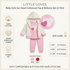 A baby girl's 3-piece heart-embossed outfit set by LITTLE LOVES, featuring a pink long-sleeve top, a cream hooded jacket with pink trim, and matching pink pants. The image includes product details, a circular inset showing the heart-embossed fabric texture, a size guide for 3-6M, 6-9M, and 9-12M, and color options in pink and red.