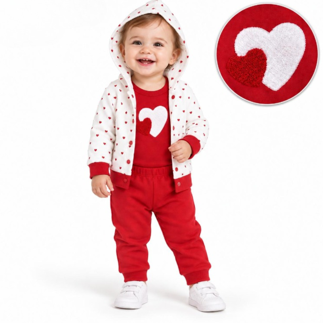 A toddler wearing a red and white heart-themed outfit, featuring a white hooded jacket with red hearts, a red shirt with a white heart, and red pants. An inset circle in the top right shows a close-up of the red and white heart texture.