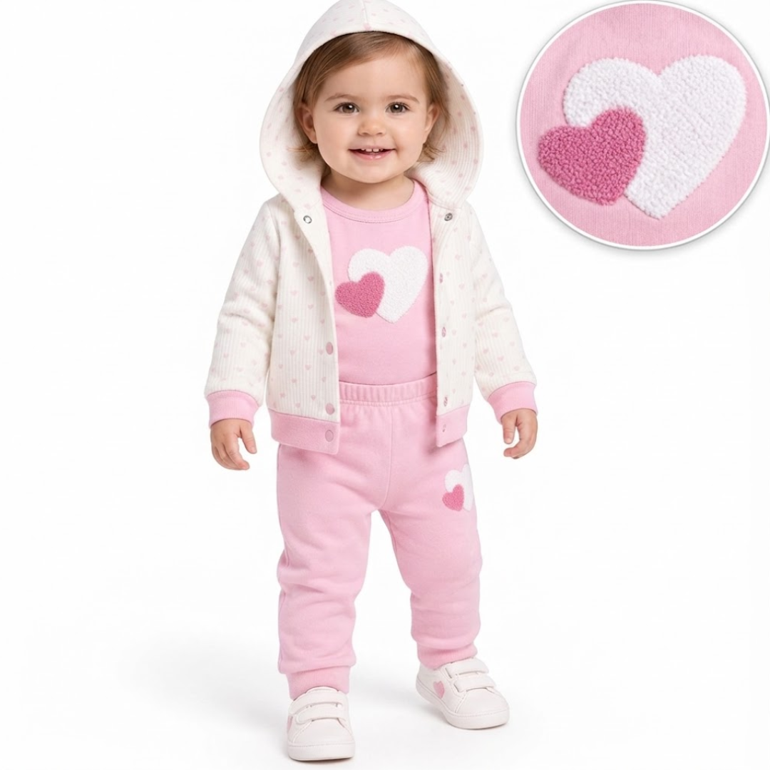 A toddler wearing a pink and white heart-themed two-piece outfit, featuring a hooded cardigan and matching sweatpants. An inset circle in the top right shows a close-up of the textured heart applique on the sweatshirt.