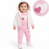 A toddler wearing a pink and white heart-themed two-piece outfit, featuring a hooded cardigan and matching sweatpants. An inset circle in the top right shows a close-up of the textured heart applique on the sweatshirt.