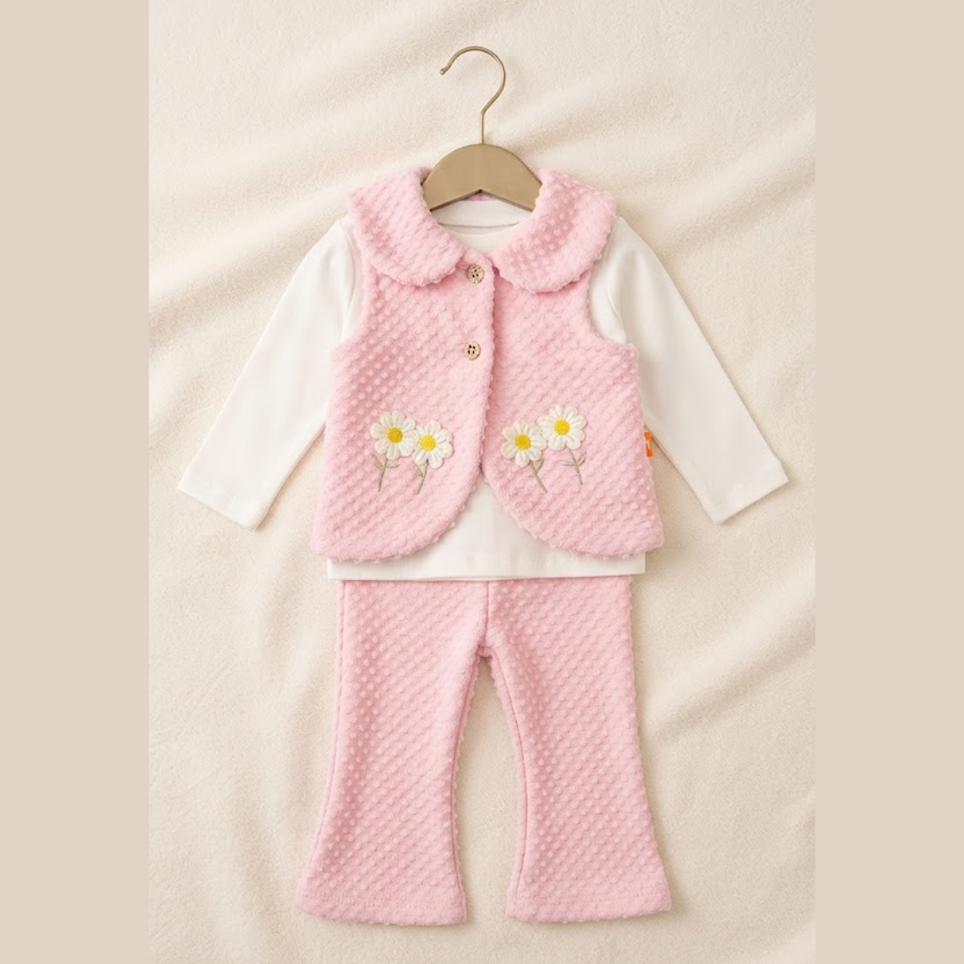 A toddler girl's three-piece waffle-knit outfit set in light pink, featuring a long-sleeve white top, a pink collarless vest with embroidered daisies, and matching pink pants, displayed on a wooden hanger against a cream fabric background.
