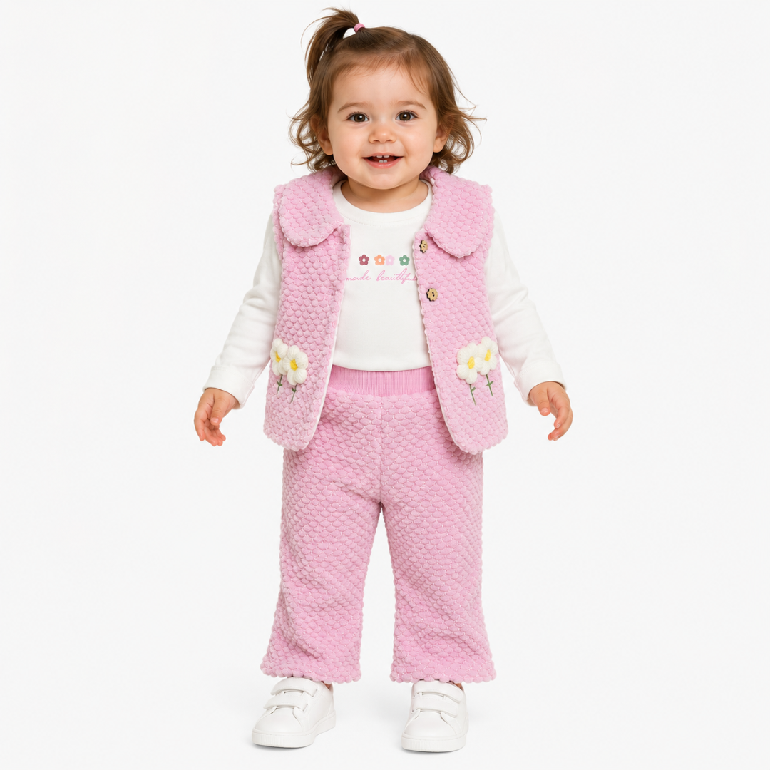 A toddler girl wearing a pink textured knit vest and matching pants over a white long-sleeve shirt, standing against a plain white background.