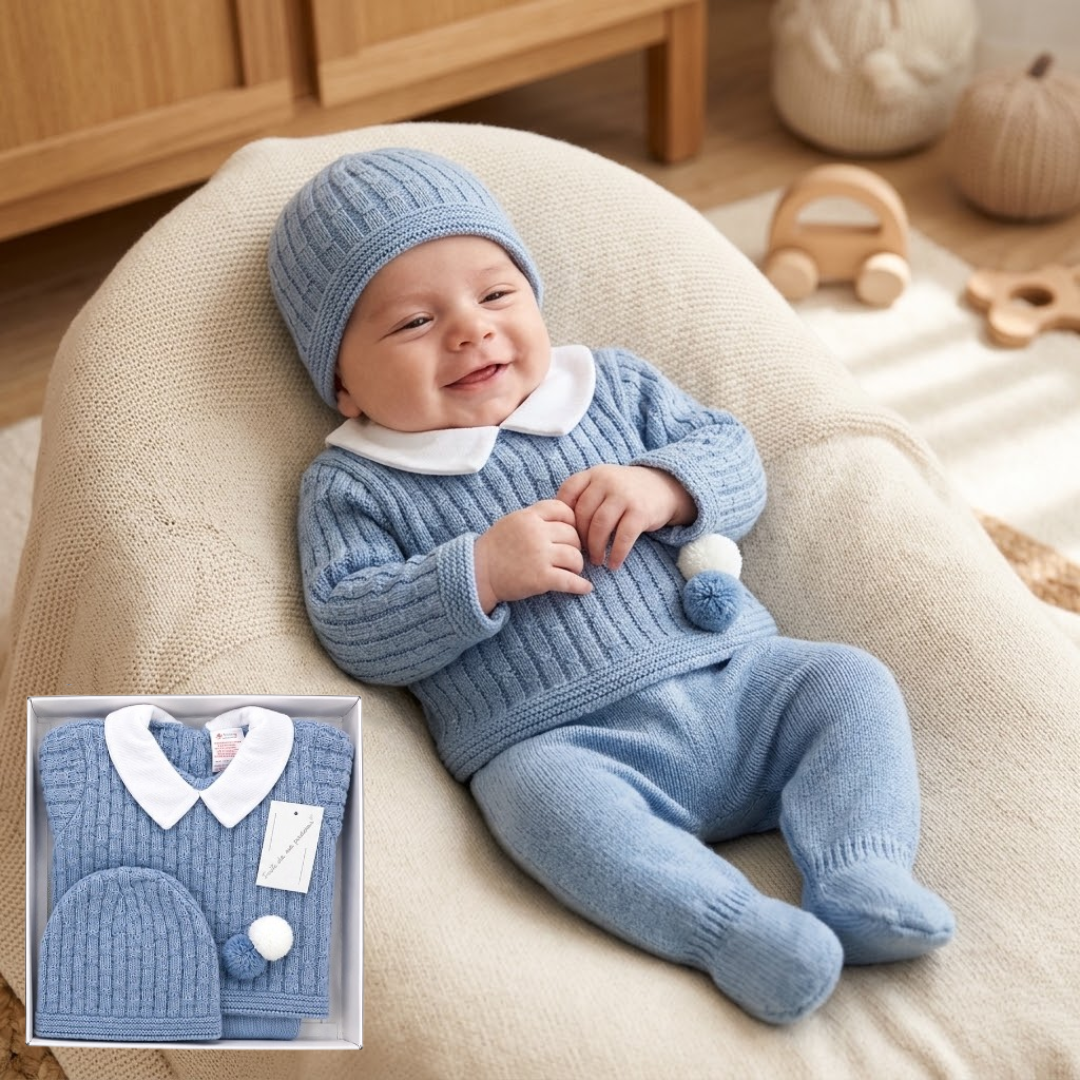 A baby wearing a light blue ribbed knit one-piece outfit with a white Peter Pan collar, matching blue hat, and small pom-pom detail, reclining on a beige cushioned lounger in a nursery. A small inset at the bottom left shows the matching set folded in a box.