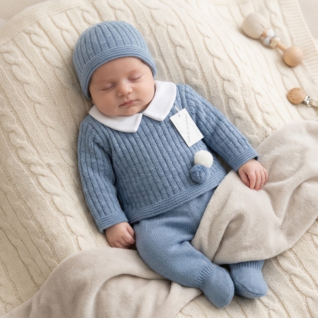 Sleeping baby lying on a cream cable-knit blanket wearing a blue knit sweater with a white Peter Pan collar, matching footed pants, and a ribbed beanie hat.