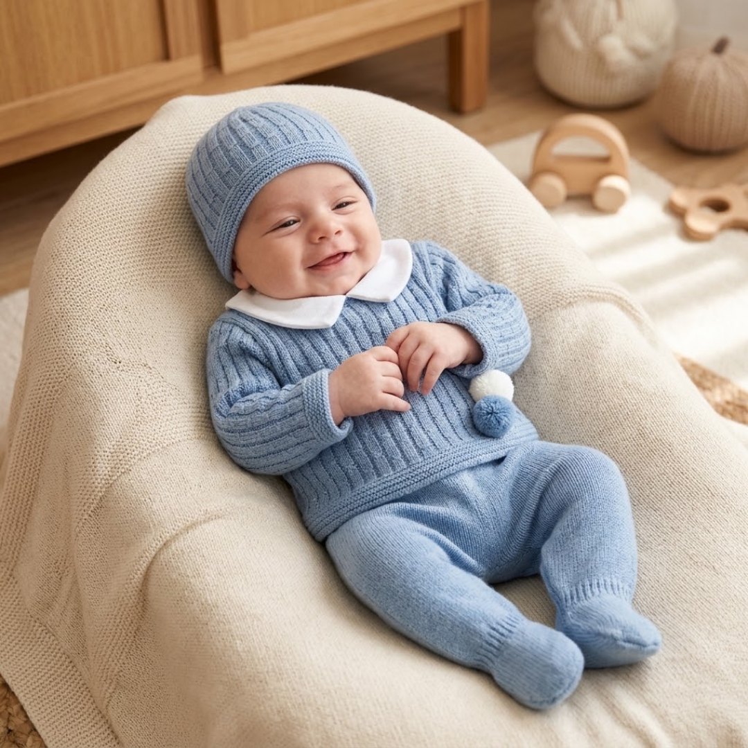 Smiling baby sitting against a neutral cushion, wearing a blue cable-knit sweater with a white collar, matching footed pants, and a ribbed beanie hat.