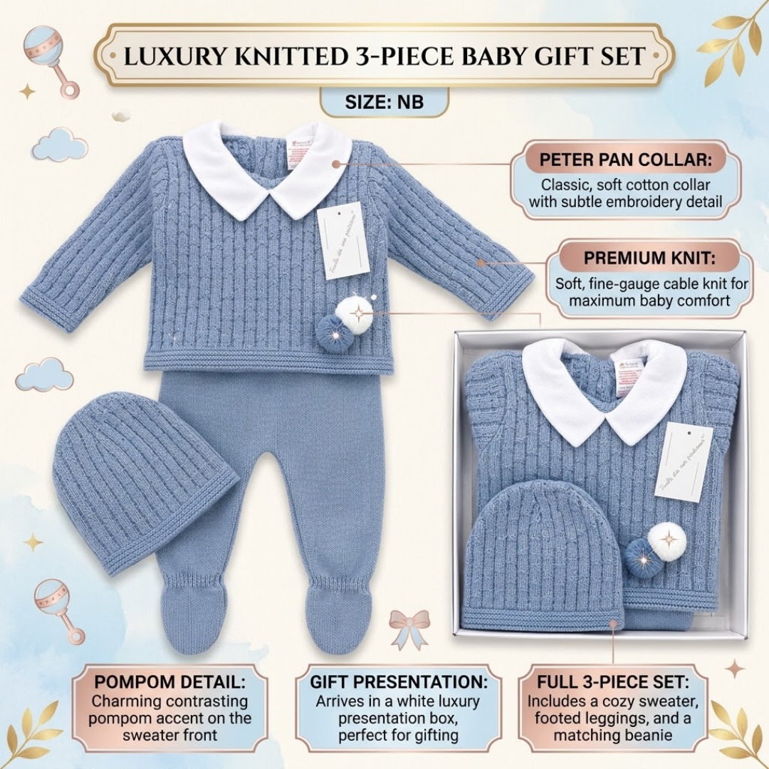 Infographic product sheet for a luxury knitted 3-piece baby gift set in size NB, displaying a blue cable-knit sweater with a white Peter Pan collar, matching footed leggings, a beanie hat, and its white presentation gift box.