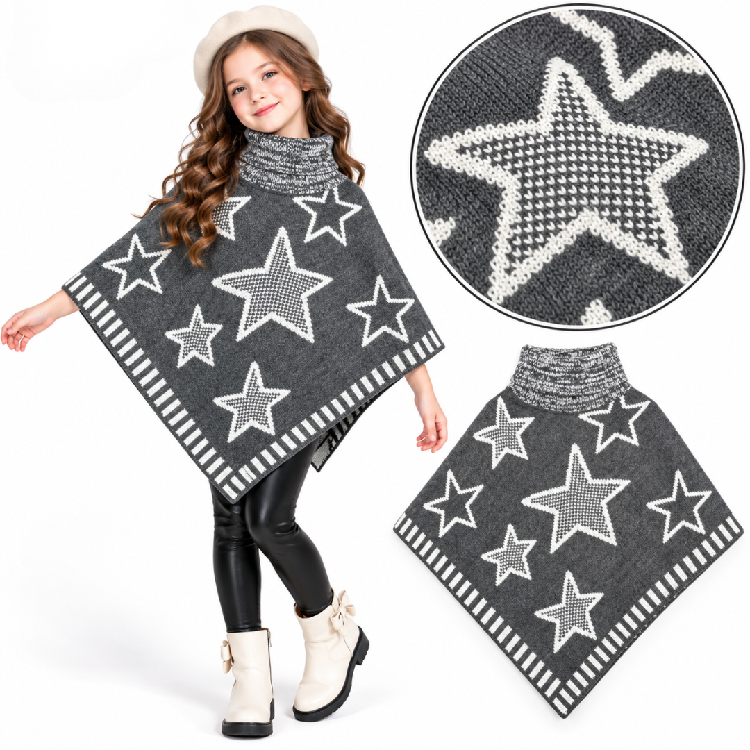 Girls Warm Star Pattern Cap Shawl (4-14Y)