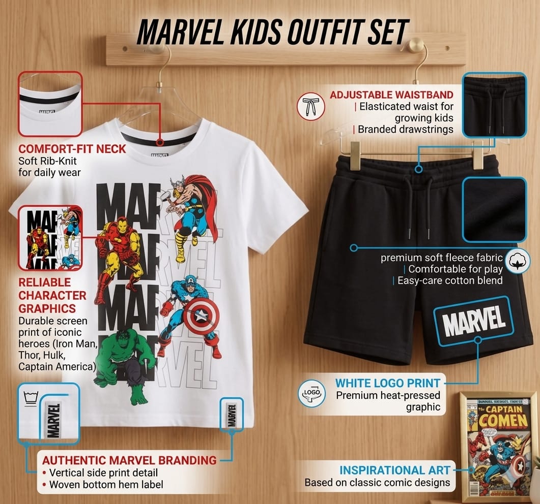 Marvel kids outfit set with t-shirt and shorts on a wooden background