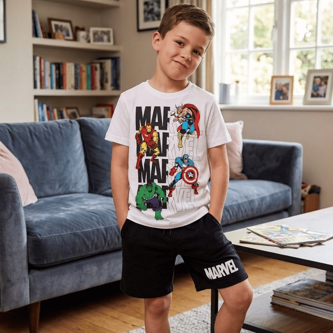 Child wearing a Marvel t-shirt in a living room