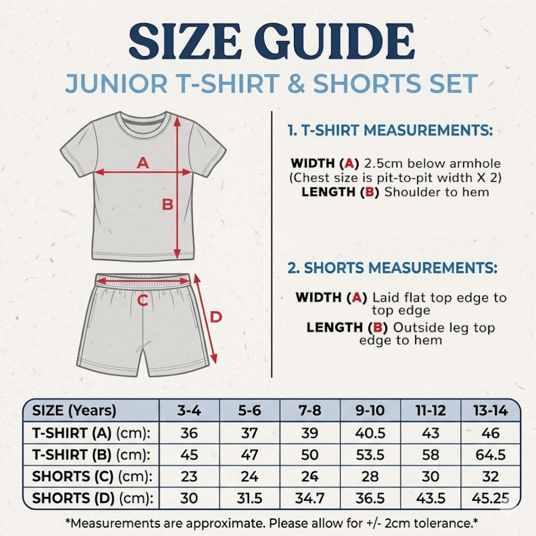 Size guide for junior t-shirt and shorts set with measurements and chart.