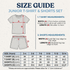 Size guide for junior t-shirt and shorts set with measurements and chart.