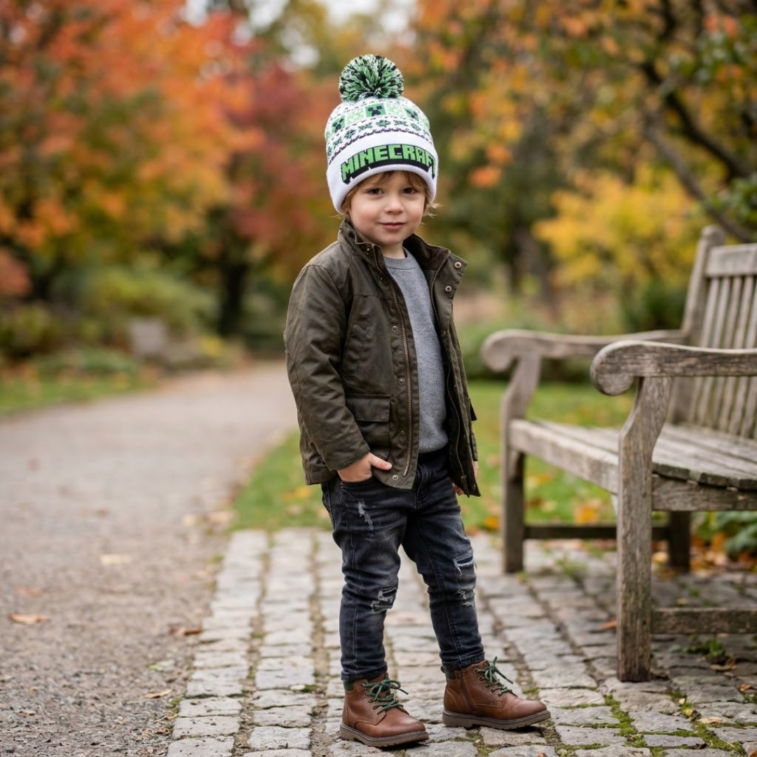 Young boy standing on a cobbled pathway in a park during autumn, wearing a Minecraft bobble hat, dark green jacket, jeans, and brown boots.