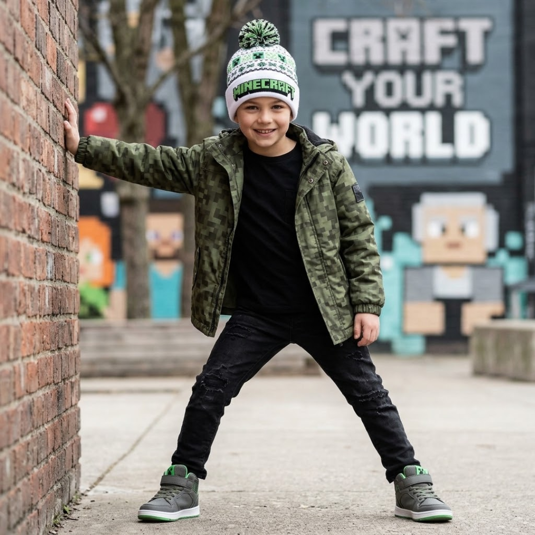 Young boy posing outdoors in front of a pixel-art mural with "CRAFT YOUR WORLD" text, wearing a Minecraft bobble hat, camouflage jacket, black shirt, dark jeans, and sneakers.