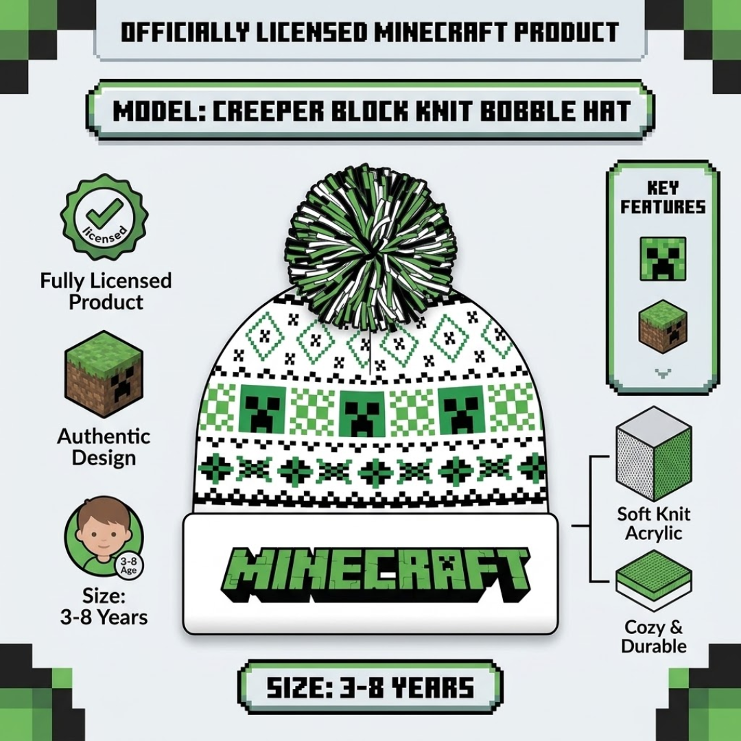 Promotional infographic image for the Minecraft Creeper Block Knit Bobble Hat, highlighting key features, soft knit acrylic material, and size 3-8 years against a pixel-themed layout.