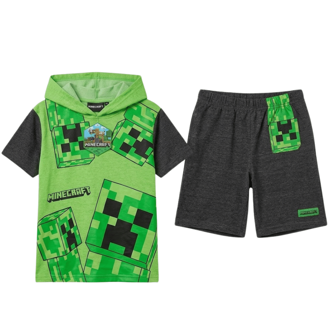 Green hoodie and black shorts set with Minecraft Creeper design on a white background