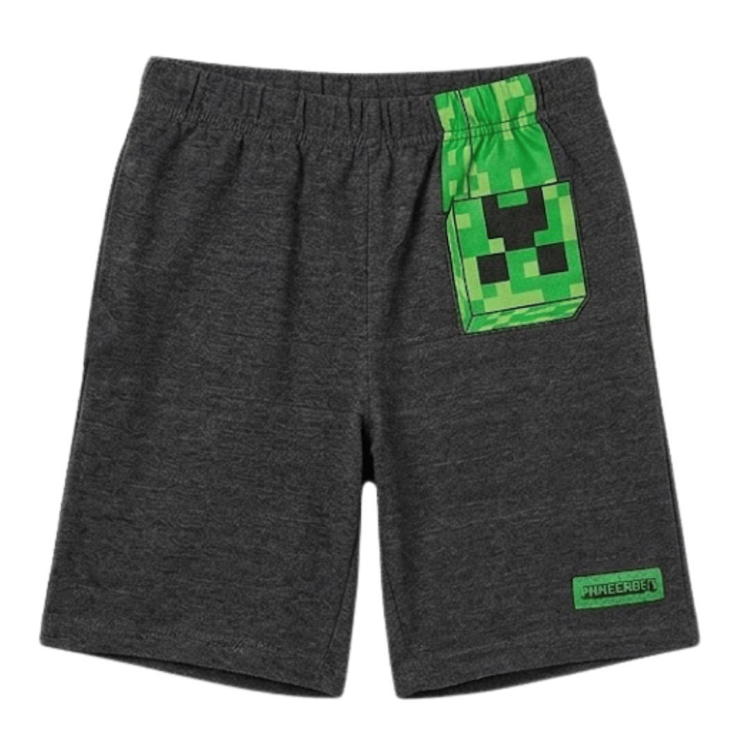 Gray shorts with a green Minecraft creeper design on a white background