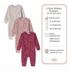 Three-pack of ribbed long-sleeve rompers in soft pastel colors with printed animal motifs, shown alongside product information text on a white background.