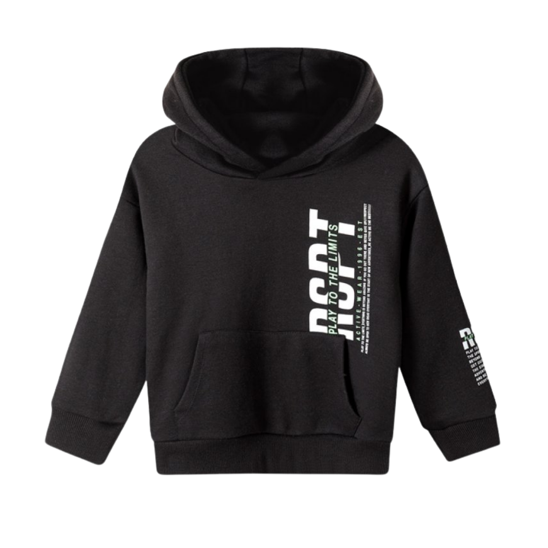 A black pullover hoodie with white vertical graphic text on the front and sleeve, displayed on a clean white background.