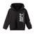 A black pullover hoodie with white vertical graphic text on the front and sleeve, displayed on a clean white background.