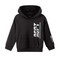 A black pullover hoodie with white vertical graphic text on the front and sleeve, displayed on a clean white background.