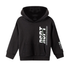 A black pullover hoodie with white vertical graphic text on the front and sleeve, displayed on a clean white background.