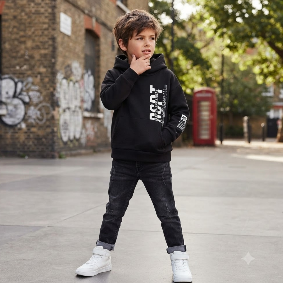 A young boy wearing a black hoodie with white graphic text, black jeans, and white sneakers, standing in an outdoor urban setting with a brick wall, graffiti, and a red telephone booth in the background.