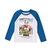 A kids' long-sleeve raglan shirt with blue sleeves and collar, and a white body featuring a large graphic of a football player with 'Brooklyn New York' text and 'Brooklyn Heights' below.
