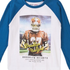 A kids' raglan long-sleeve shirt with a white body and blue sleeves, featuring a large graphic print of a football player on the front with the text 'Brooklyn New York' and 'Brooklyn Heights'.