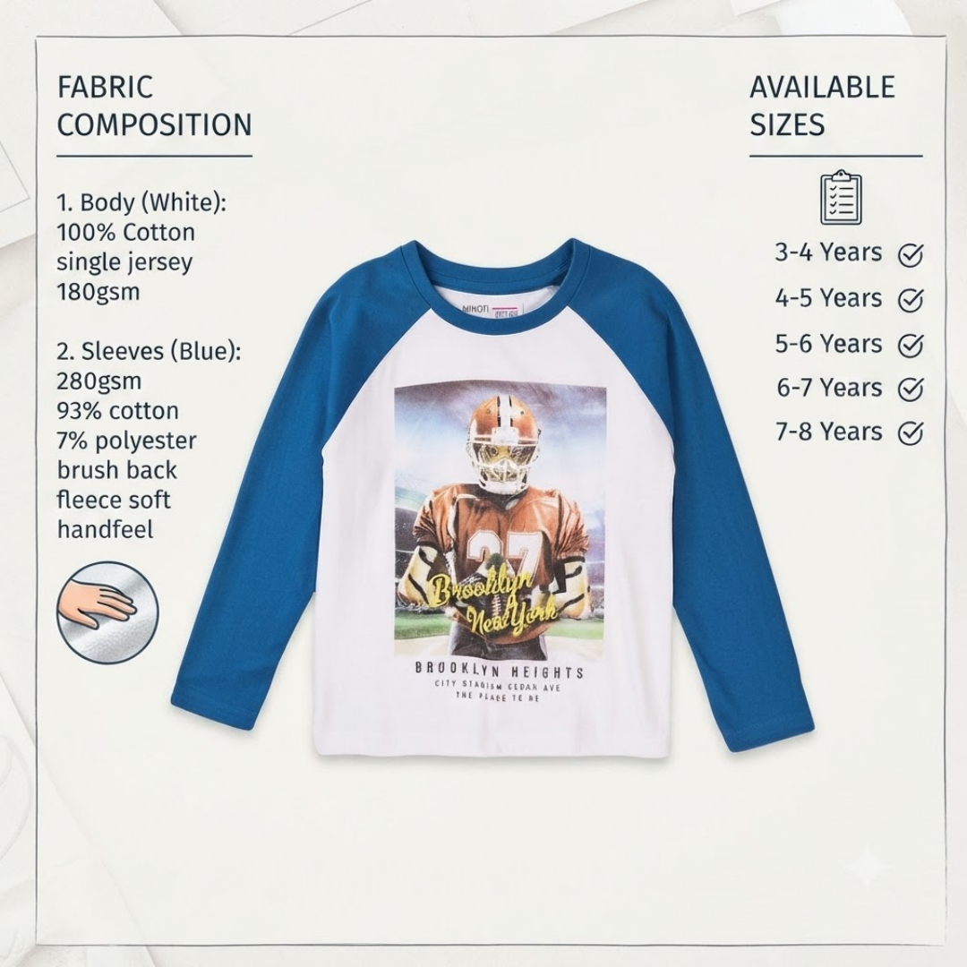 A long-sleeve raglan baseball jersey for kids, featuring a white body, royal blue sleeves, and a central graphic of a football player on a field. The image includes informational text overlays detailing the fabric composition and available sizes.
