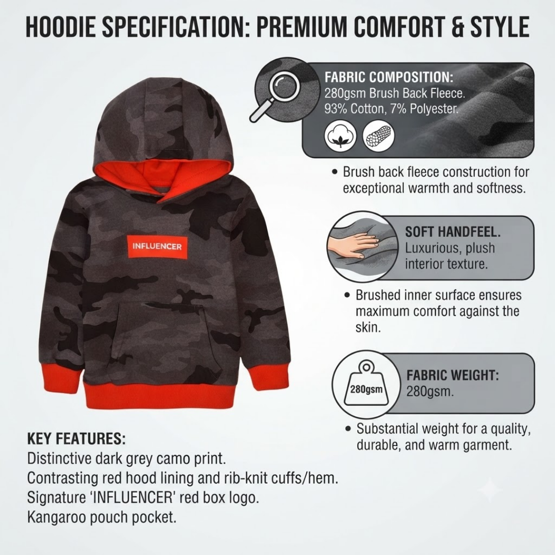 Hoodie specification infographic for the Influencerer hoodie, showing a dark grey camouflage hoodie with red hood lining and red rib-knit cuffs/hem. The graphic includes fabric composition details (82% cotton, 18% polyester), soft handfeel, fabric weight (280gsm), and key features on a light gray background.