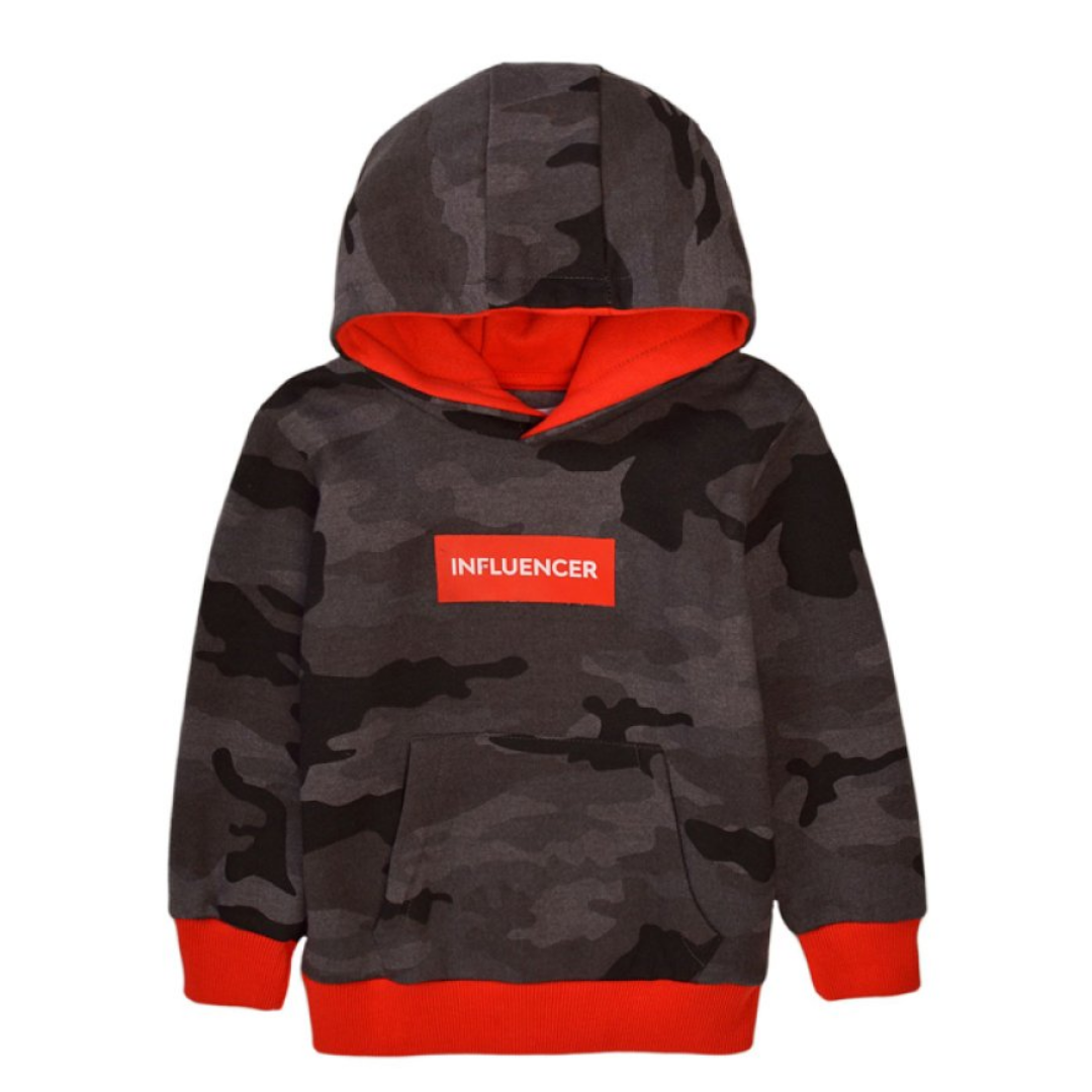 A kids' camouflage hoodie in dark gray and black with bright red accents, including the hood lining, cuffs, and hem. It features a red chest patch with the word 'INFLUENCER' in white text, set against a plain white background.