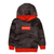 A kids' camouflage hoodie in dark gray and black with bright red accents, including the hood lining, cuffs, and hem. It features a red chest patch with the word 'INFLUENCER' in white text, set against a plain white background.