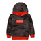 A kids' camouflage hoodie in dark gray and black with bright red accents, including the hood lining, cuffs, and hem. It features a red chest patch with the word 'INFLUENCER' in white text, set against a plain white background.
