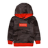 A kids' camouflage hoodie in dark gray and black with bright red accents, including the hood lining, cuffs, and hem. It features a red chest patch with the word 'INFLUENCER' in white text, set against a plain white background.