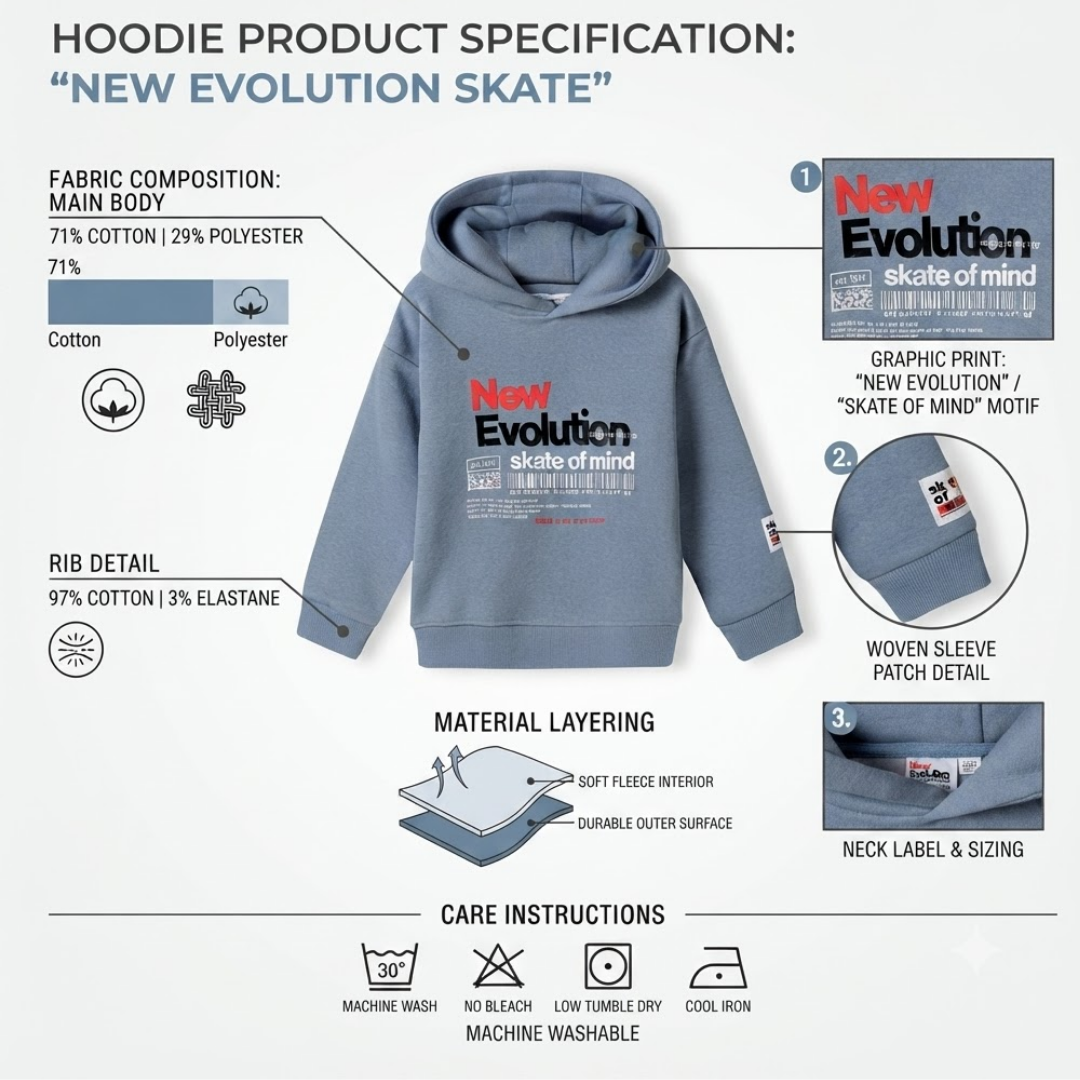 A product specification infographic for the 'New Evolution Skate' hoodie, showing a light blue hoodie with printed graphics, fabric composition details, rib detail, material layering, care instructions, and close-up detail callouts.