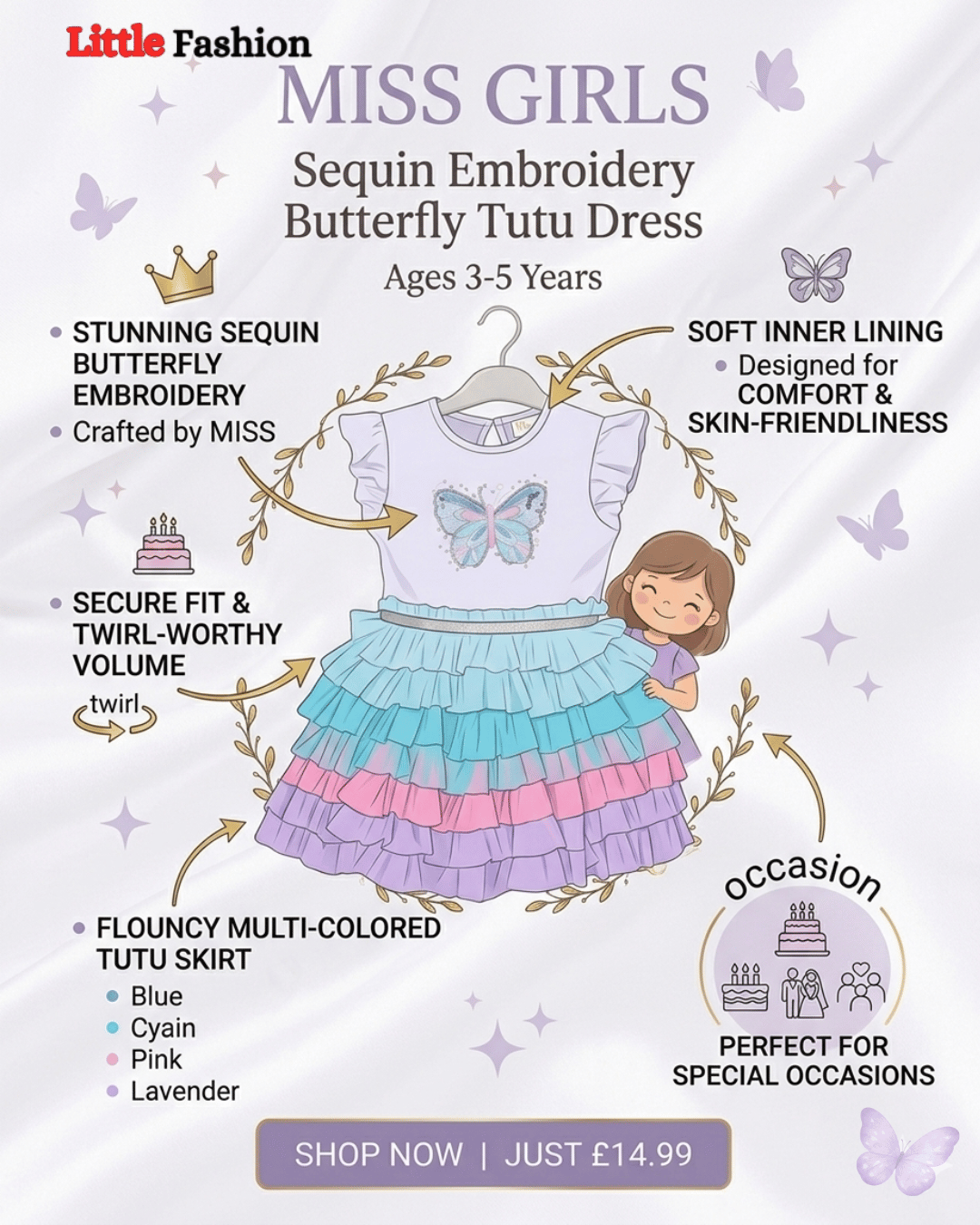 Advertisement for a sequin embroidery butterfly tutu dress for girls with product details and a price tag.