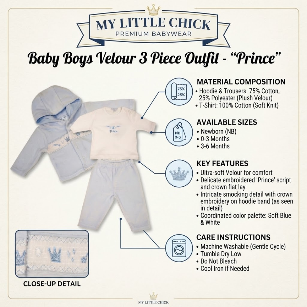 A promotional infographic for a baby boy's velour 3-piece outfit by My Little Chick, featuring a light blue hooded sweatshirt, matching pants, and a white t-shirt. The graphic includes text detailing the material composition, available sizes, key features, and care instructions, along with a close-up detail inset.