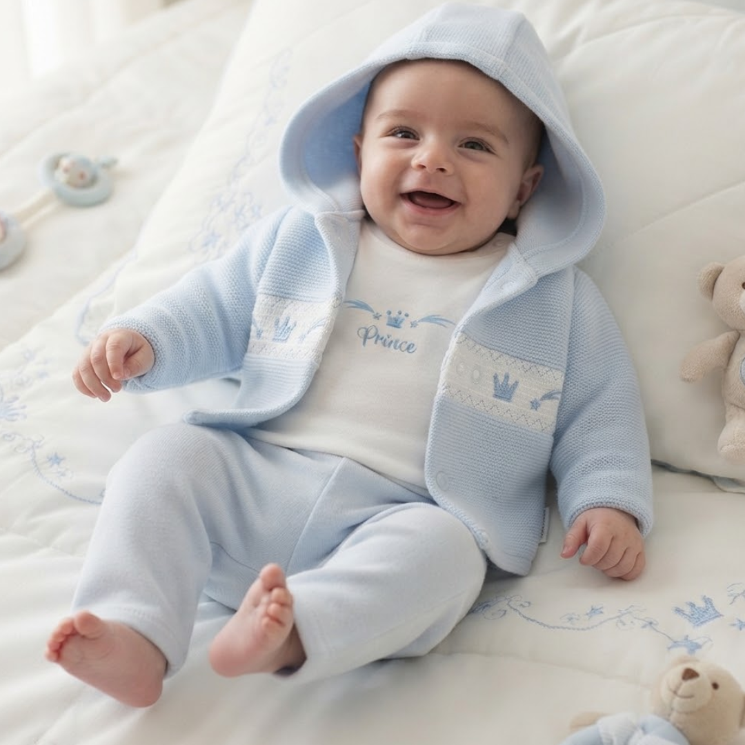 A smiling baby wearing a light blue knit hooded cardigan and matching pants over a white t-shirt with 'Prince' embroidered on the chest, lying on a white quilted bed.