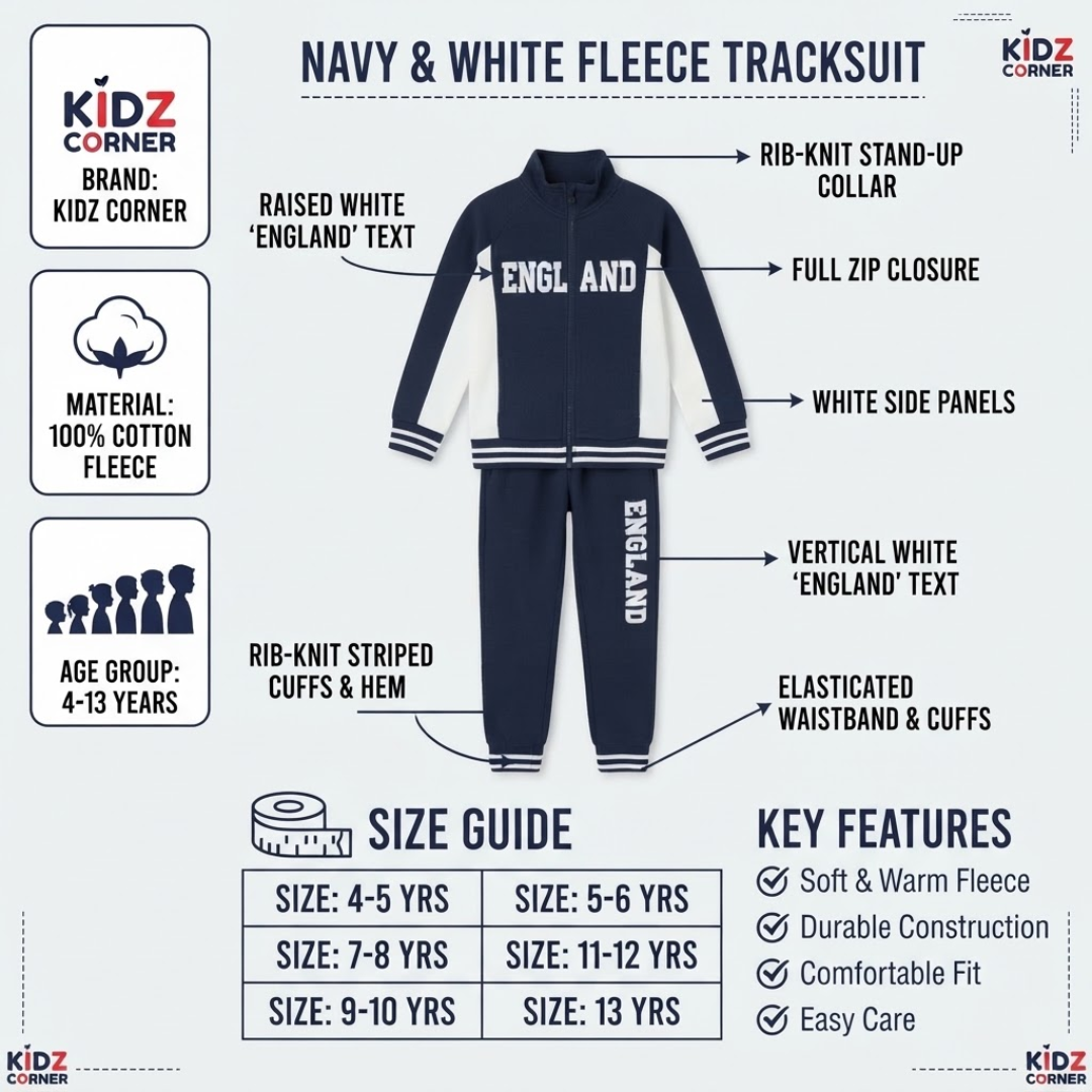 A navy and white fleece tracksuit shown on a light gray background with product callouts, measurements, age group, and key features. The set includes a zip-front jacket and matching pants with white 'ENGLAND' text on the chest and leg.