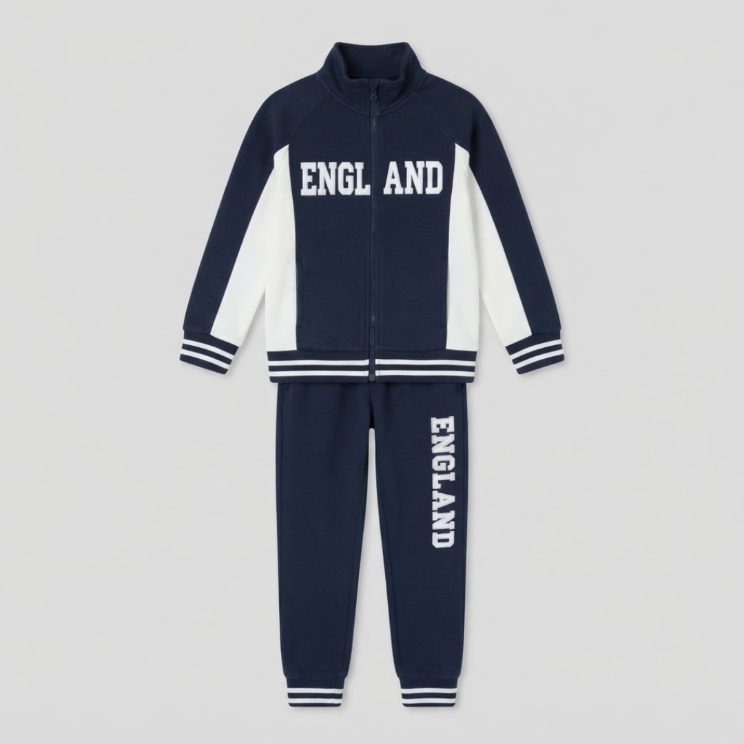 A two-piece kids' track suit set in navy blue and white, featuring a zip-up jacket with 'ENGLAND' printed across the chest and matching sweatpants with 'ENGLAND' printed down the leg, displayed on a neutral gray background.