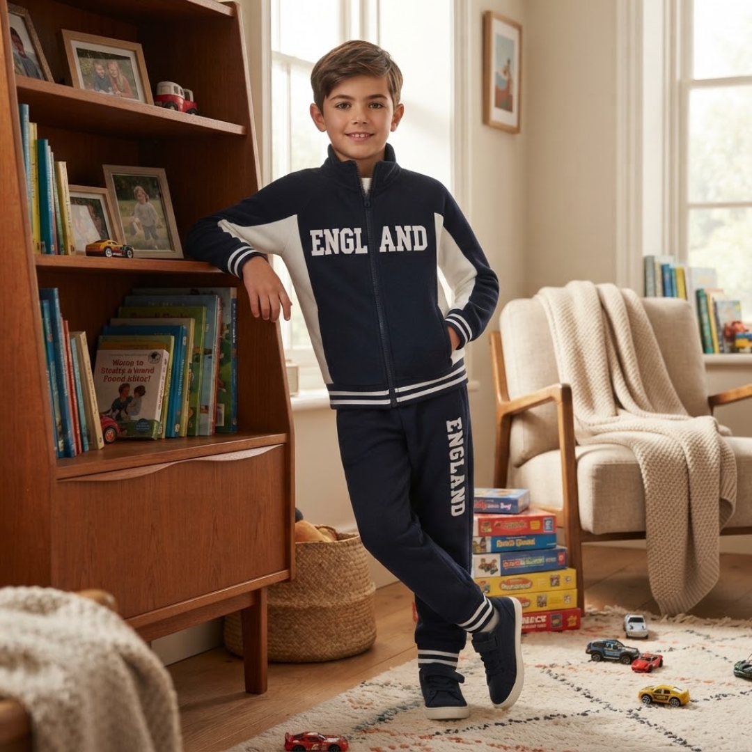 A young boy wearing a navy blue zip-up track jacket and matching sweatpants with white stripes and 'ENGLAND' printed in white, standing in a cozy, sunlit child's room.