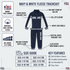 A navy and white fleece tracksuit shown on a light gray background with product callouts, measurements, age group, and key features. The set includes a zip-front jacket and matching pants with white 'ENGLAND' text on the chest and leg.
