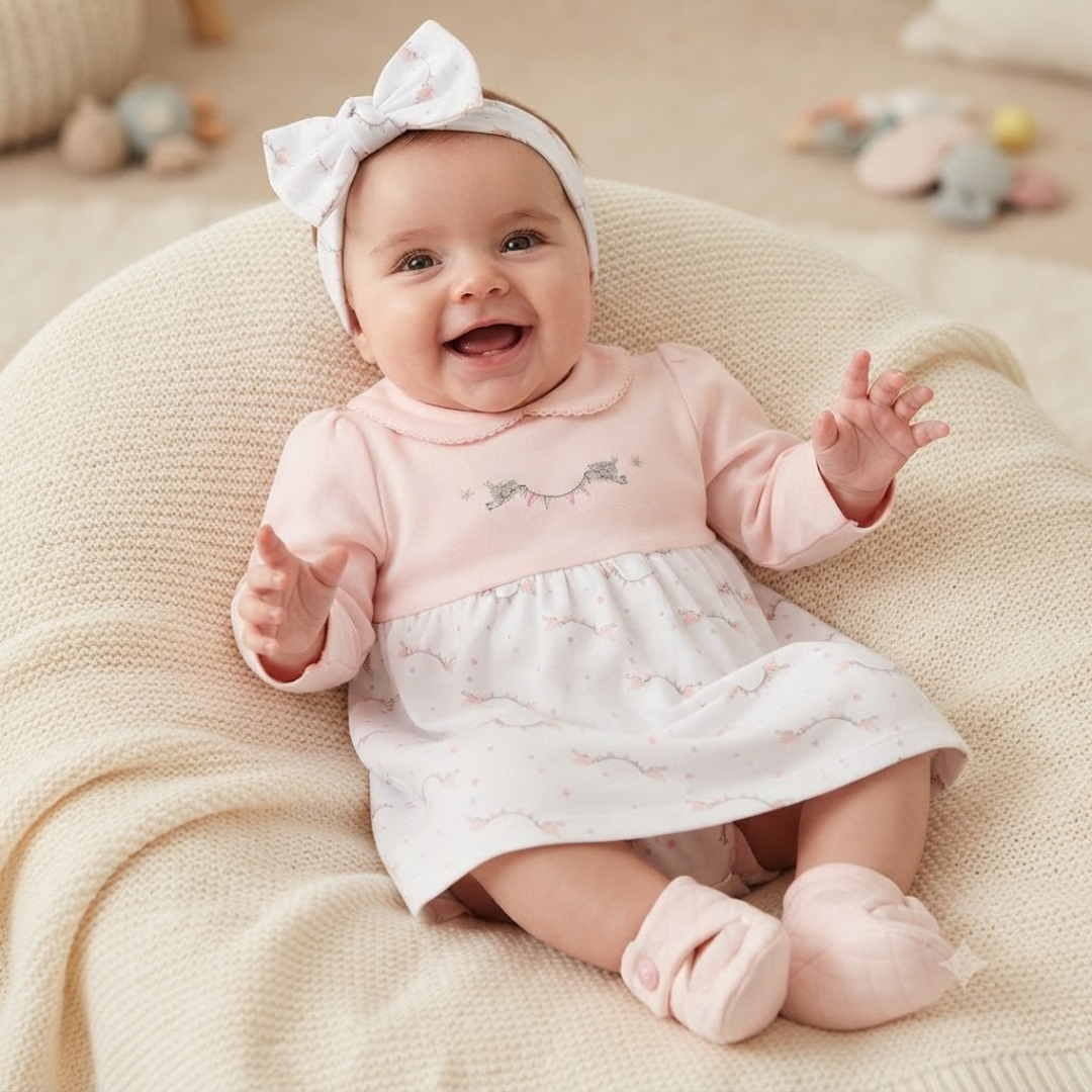A smiling baby girl wearing a light pink long-sleeve dress with a white patterned skirt, a white bow headband, and pink booties, sitting on a cream knit lounger.