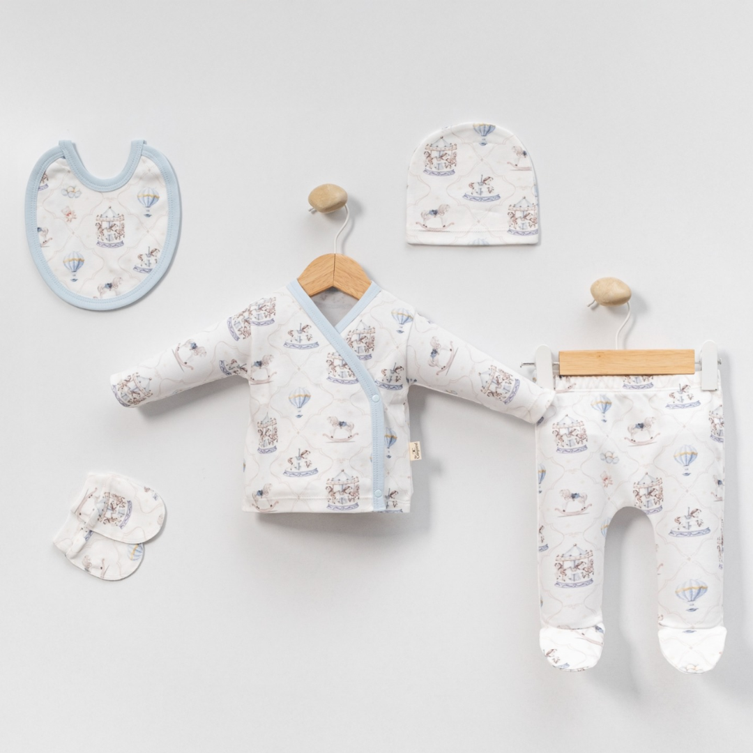 Baby girl's teddy bear fashion set featuring a white cotton shirt, beige faux-fur jacket, and a brown leopard-print tiered skirt, shown with a toddler model and informational text boxes.
