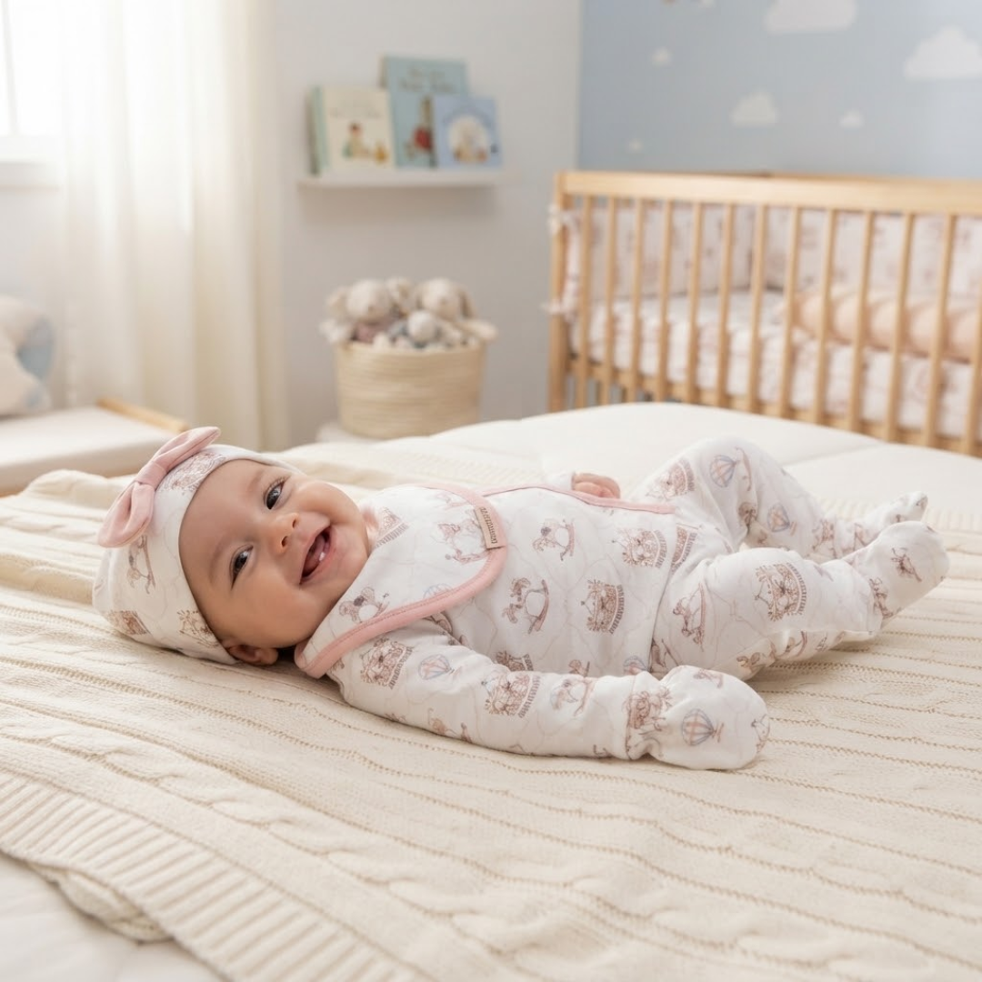 Baby girl's sweet little joy outfit set promotional graphic showing a pink long-sleeve sweatshirt and matching patterned pants on a hanger, with text callouts about material, size chart, count & details, color & graphic, and a lifestyle photo of a child wearing the outfit.