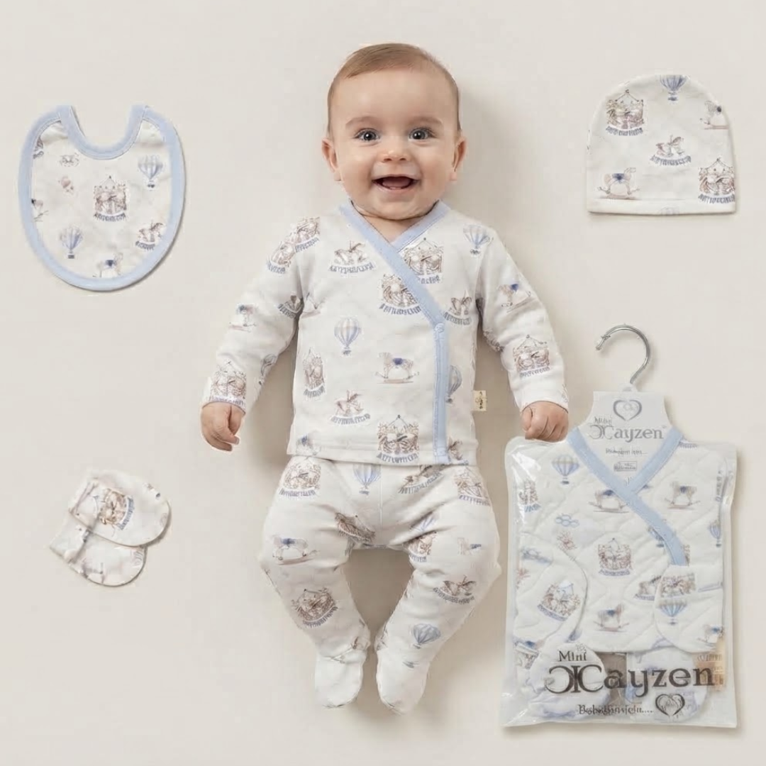 A 2-piece baby velvet outfit set displayed on a light beige background with informational callouts. The set includes a long-sleeve shirt in cream and beige with a train graphic, and matching beige pants.
