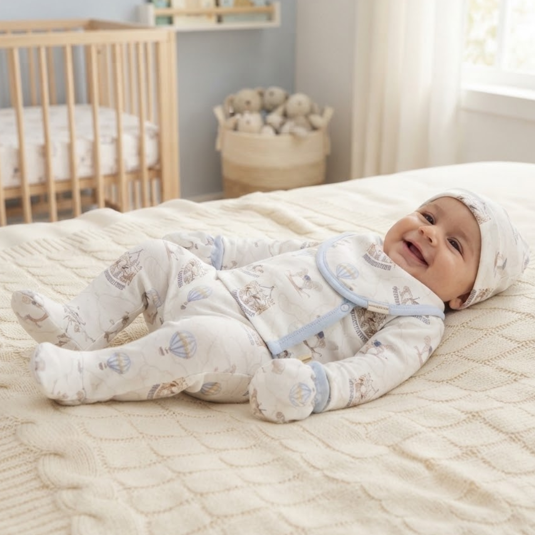 A baby lying on a cream quilted bed in a softly lit nursery, wearing a footed one-piece sleeper and matching bonnet with a light blue border and small animal print.