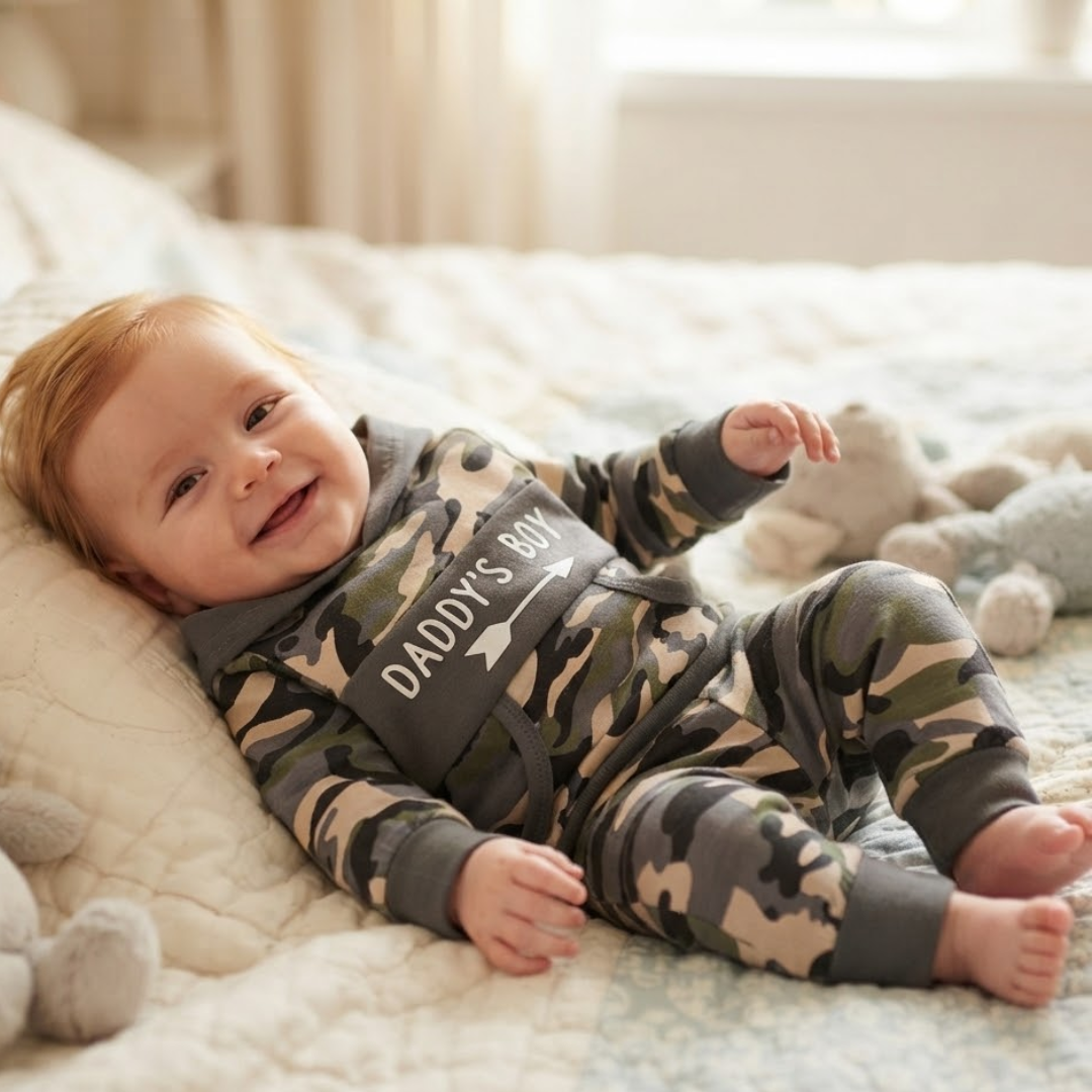 A baby lying on a quilted bed wearing a camouflage print one-piece jumpsuit with a dark gray belly patch that reads 'DADDY'S BOY'.
