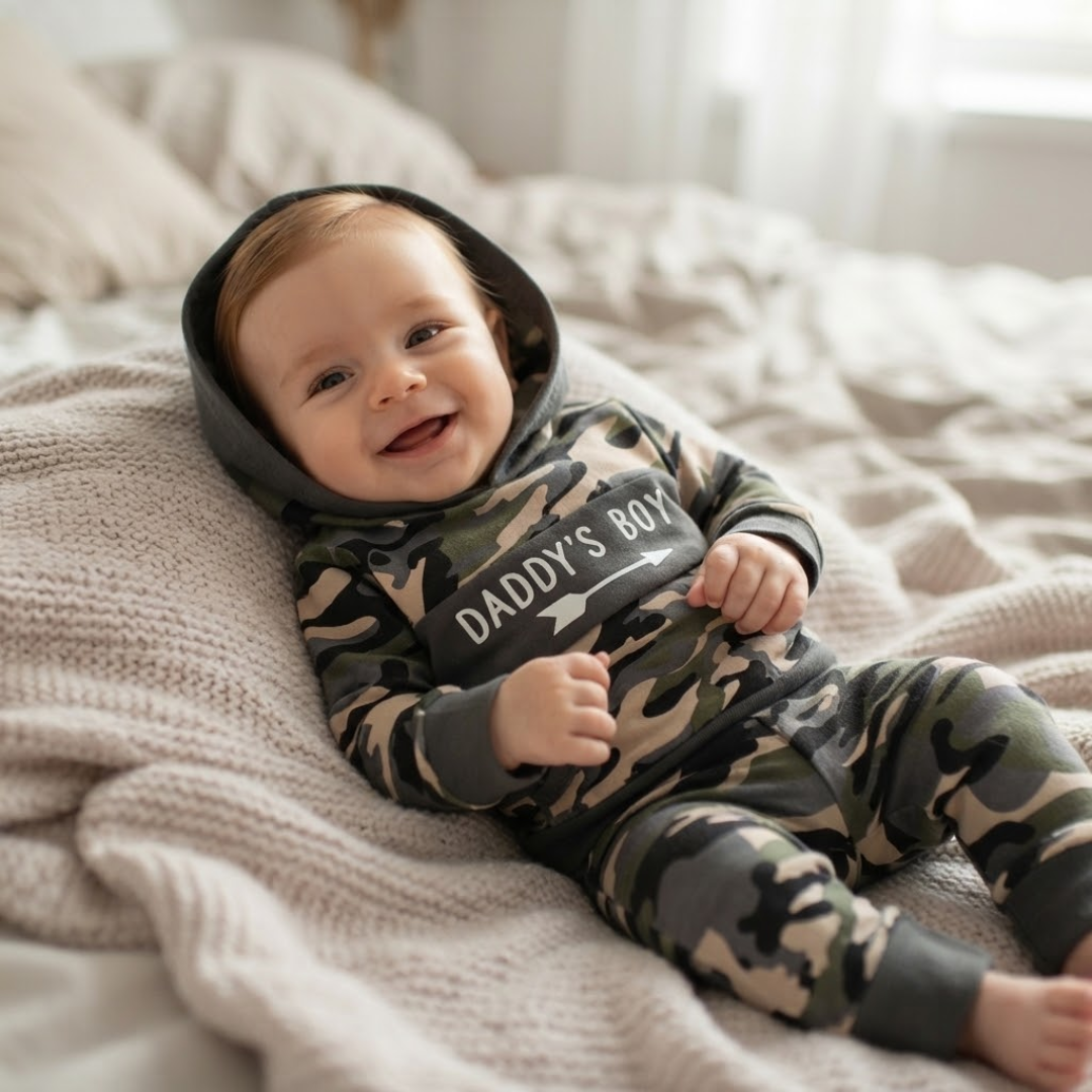 A baby lying on a cozy beige knit blanket, wearing a camouflage hooded one-piece outfit with 'DADDY'S BOY' printed across the chest.
